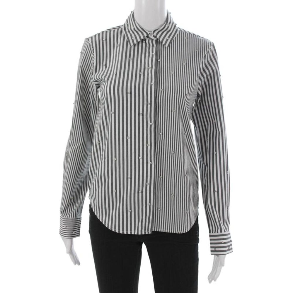 Theo Womens Striped Collared Button Up Long Sleeve Top Black Size S